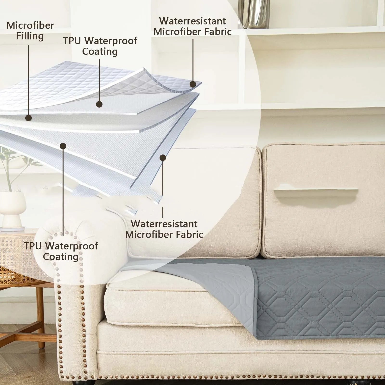 Reversible dark grey and light grey waterproof dog sofa cushion on a leather sofa