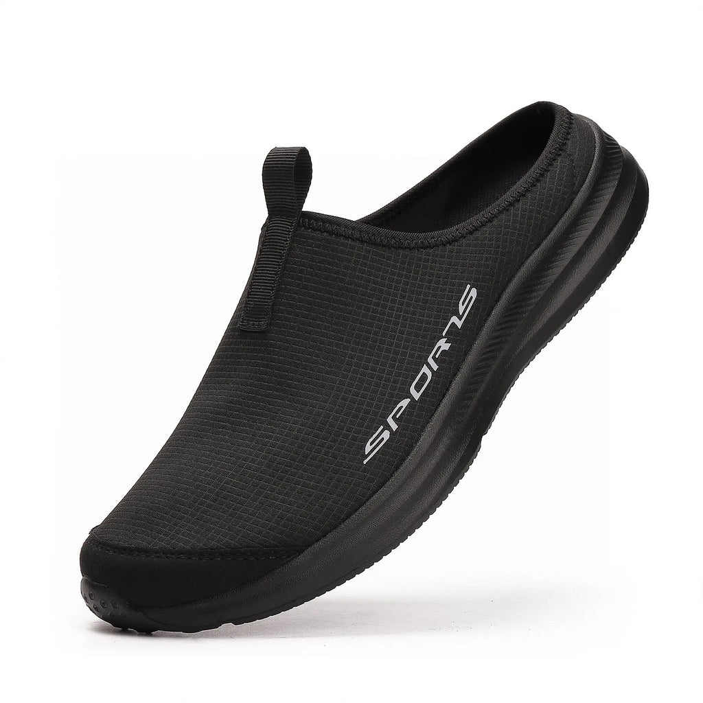 Men's breathable mesh half slippers with EVA sole in khaki and black colours, one-pedal slip-on design