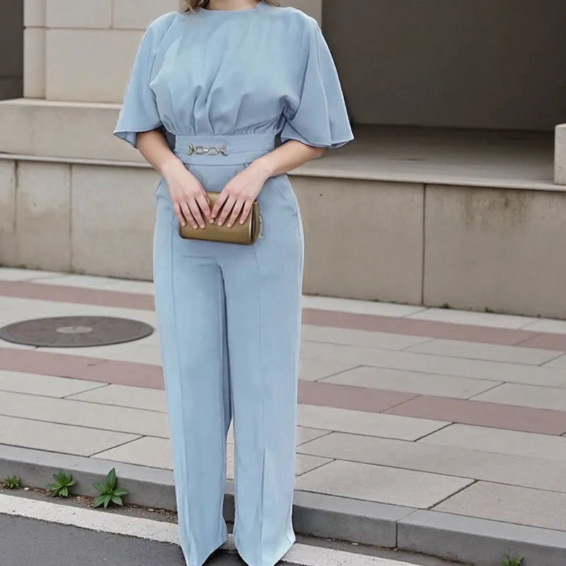 Blue polyester formal suit set with long-sleeve jacket and matching trousers in European American style