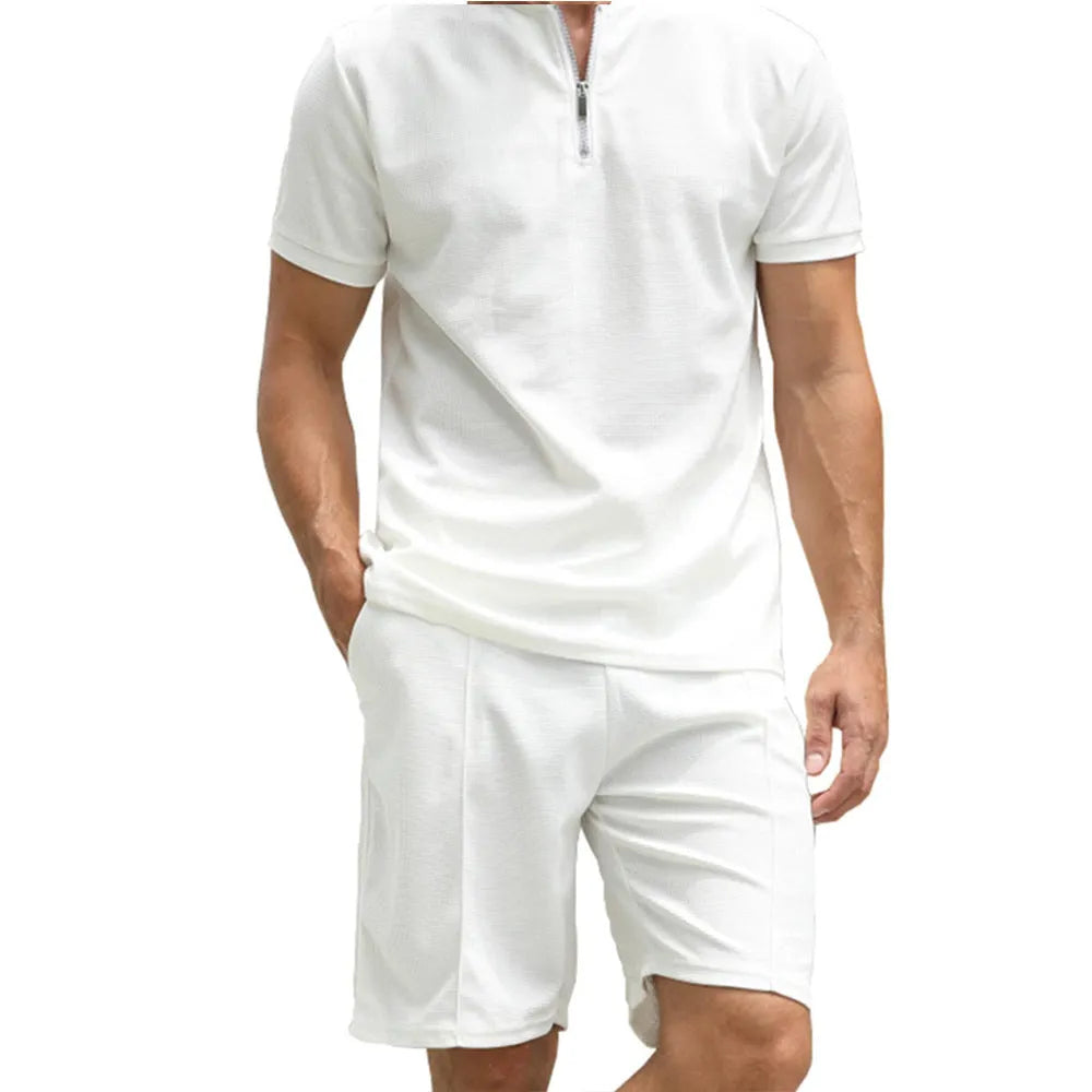 Men's solid colour polo shirt and shorts two-piece set in textured polyester fabric