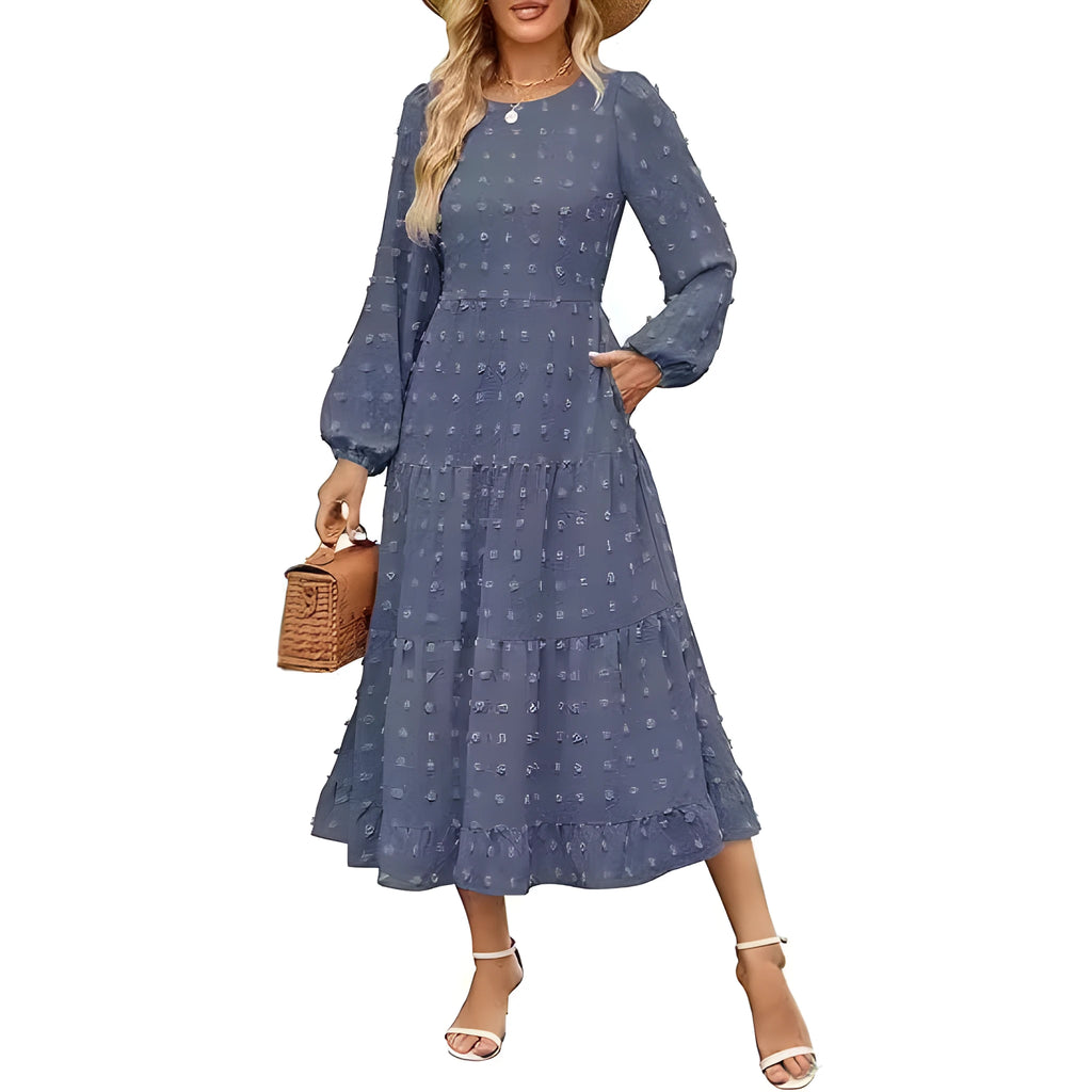 Women's long sleeve high waist casual dress with ruffled sleeves in a solid colour.