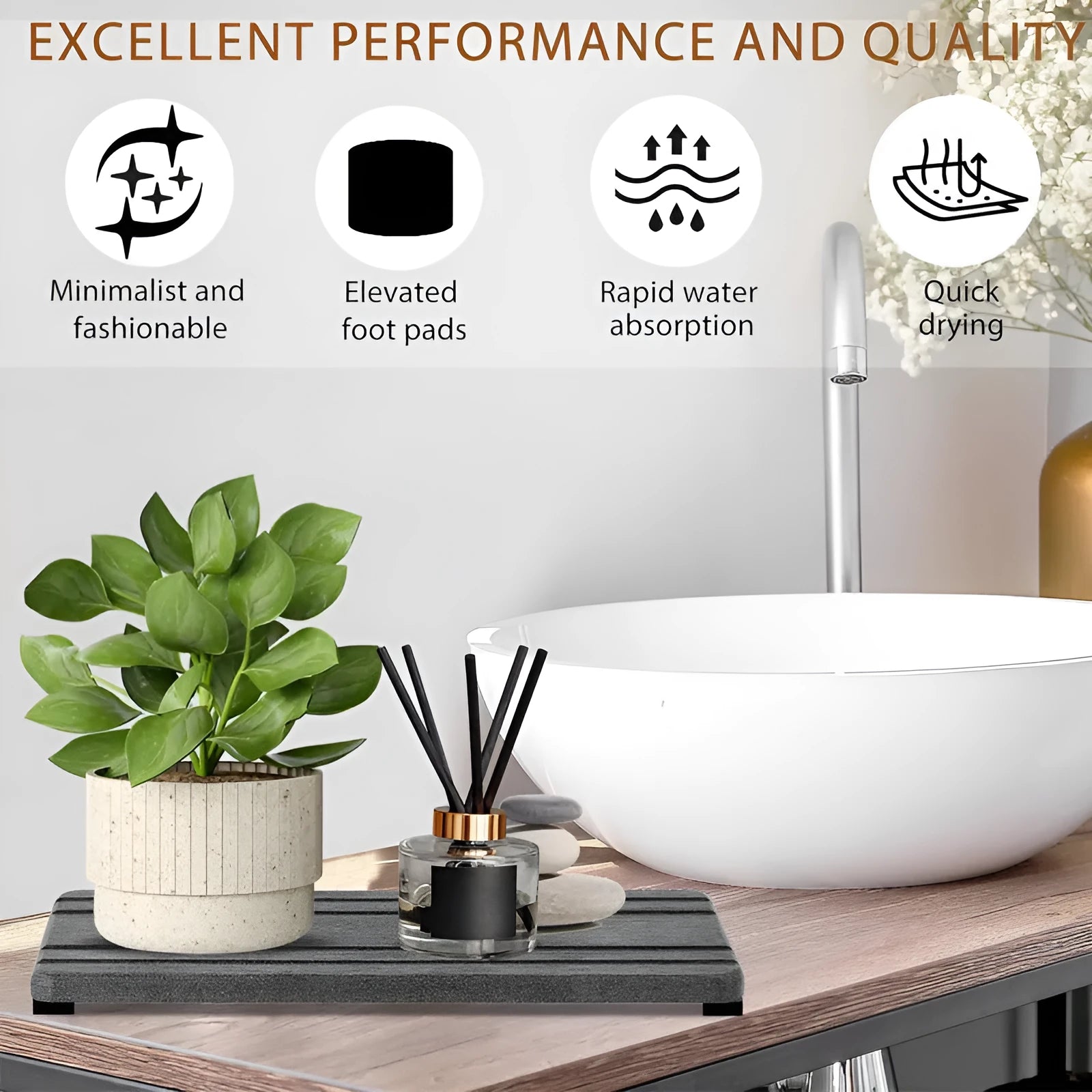 Three square diatom oil bathroom drying mats in solid colour on a countertop