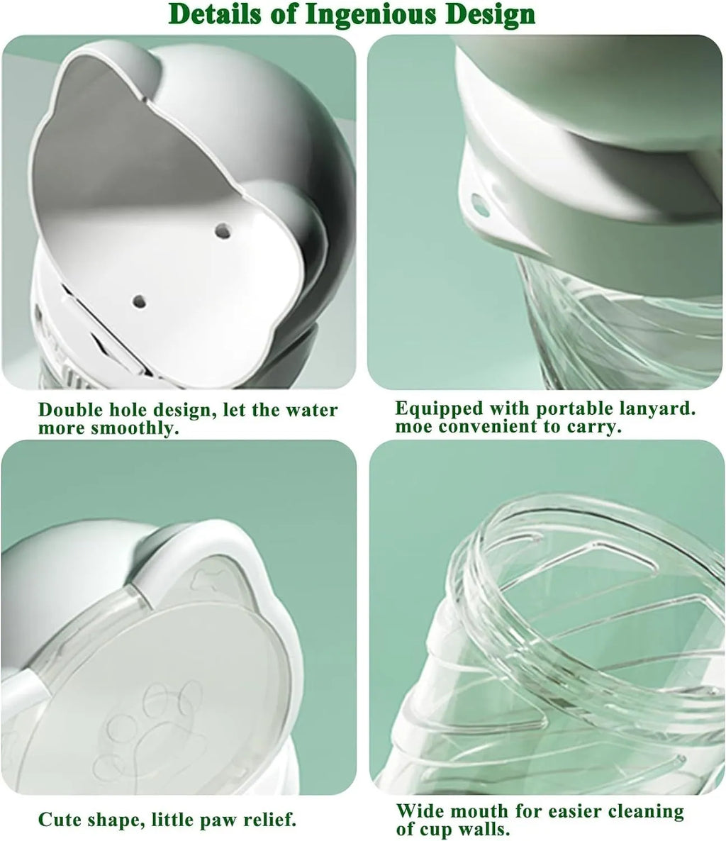 Green 3-in-1 portable pet water bottle with food container and waste bag dispenser showing rotary switch