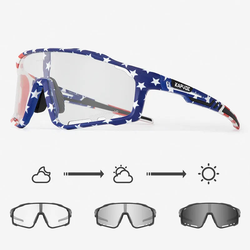 Photochromic cycling sports goggles with TR90 frame and semi-rimless design shown in multiple colour options.