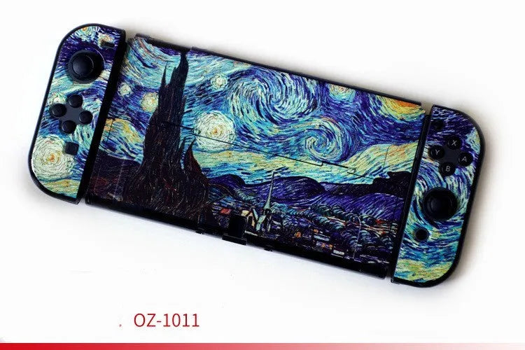 Nintendo Switch OLED hard protective case with cartoon pattern design showing front and back views