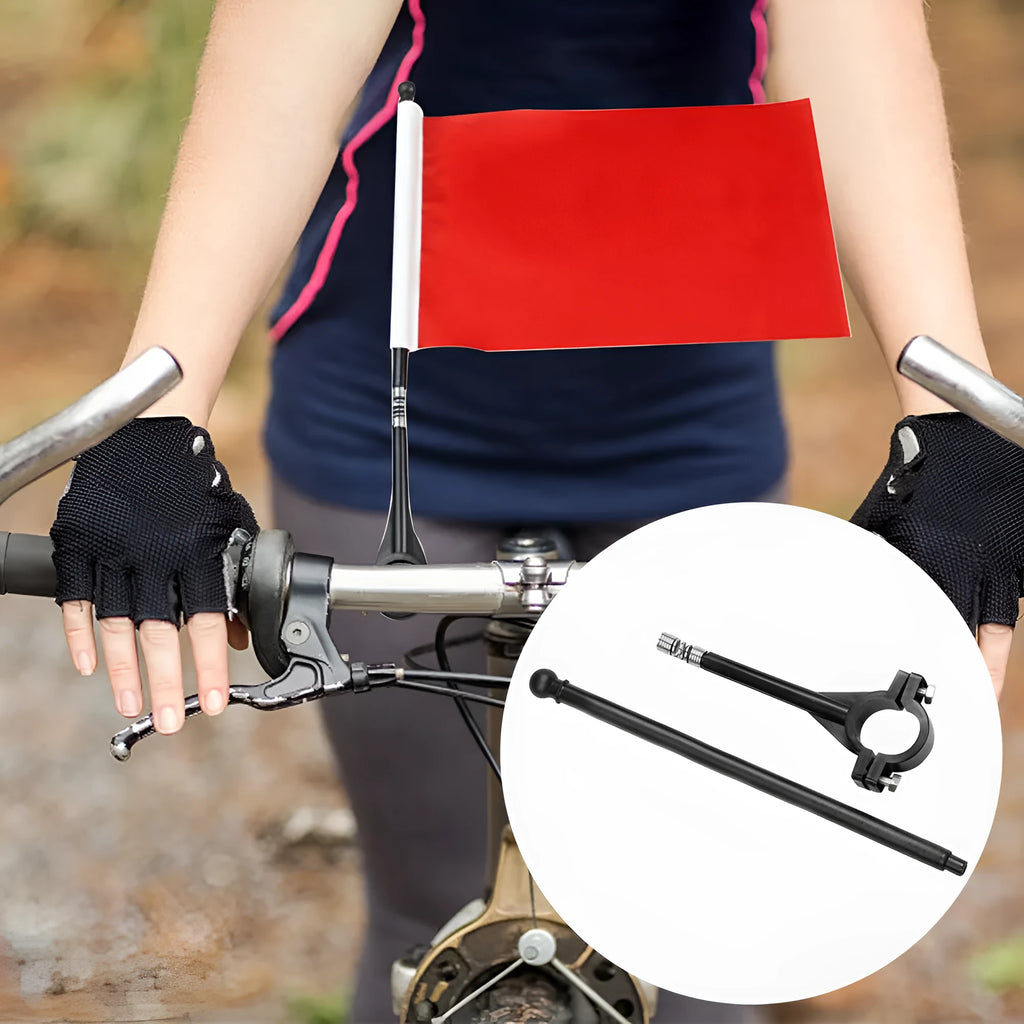 Square polyester cycling flag mounted on plastic handlebar pole for bicycle safety signals