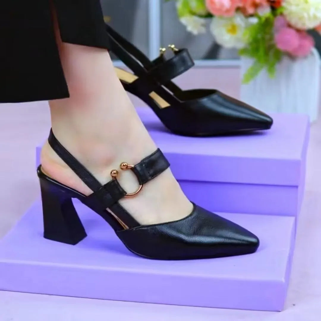Women's apricot coloured closed toe sandals with a chunky block heel and pigskin leather upper.