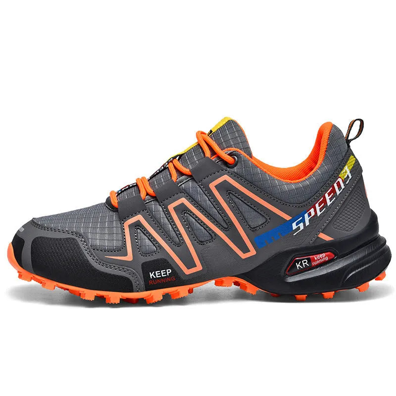 Men's gray orange casual low-top running shoes with synthetic leather upper and rubber sole.