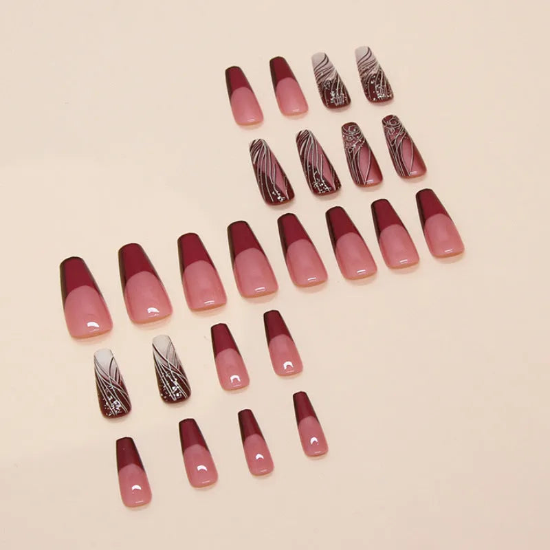 French line pattern fake nails with glue adhesive in simple European and American style