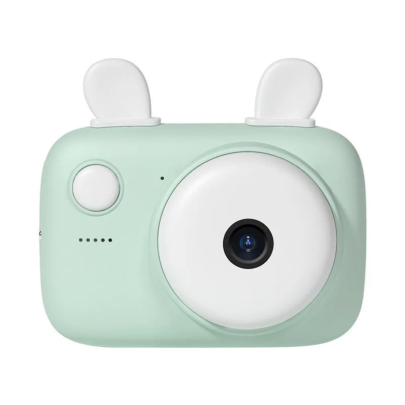 A2 Macaron design kids digital camera in green, showing front and rear lenses and 2.4 inch screen.