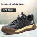Flyknit safety work shoes with leather upper and rubber sole in black, khaki, gray, or insulated brown options