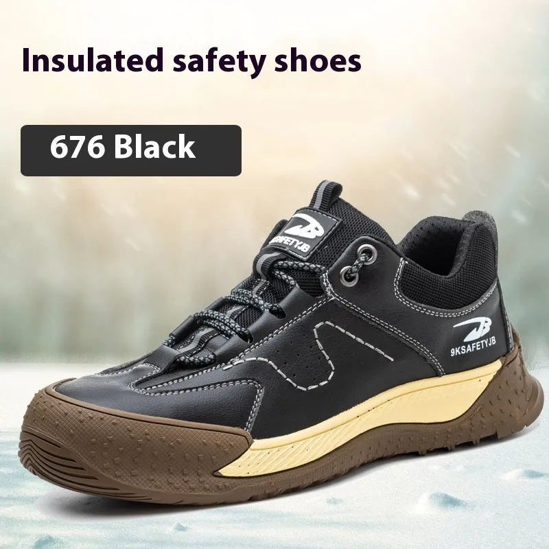 Flyknit safety work shoes with leather upper and rubber sole in black, khaki, gray, or insulated brown options