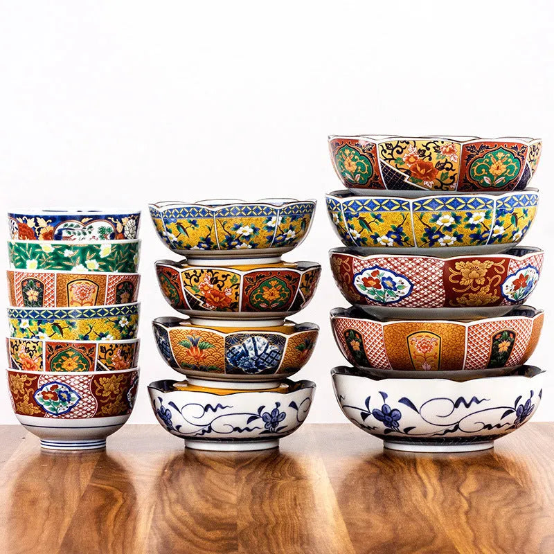 Japanese style ceramic bowl with retro peony pattern and underglaze surface finish