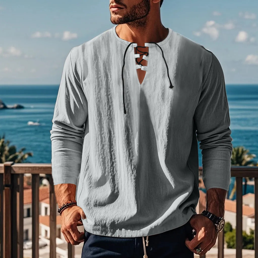 Men's solid colour cotton linen blend loose fit pullover shirt on a hanger.