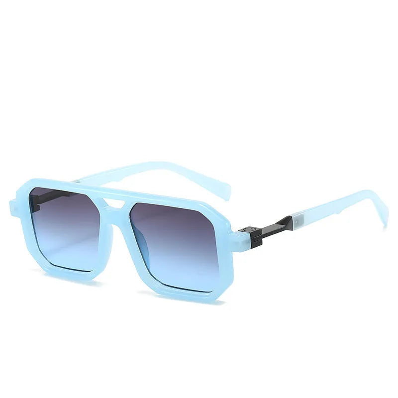 Retro double beam pilot sunglasses with polarised lenses in various colour options including black, blue, and leopard print.
