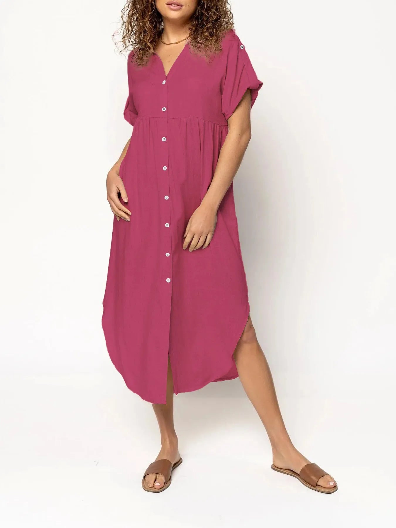 Loose casual button-front mid-length dress in solid colour