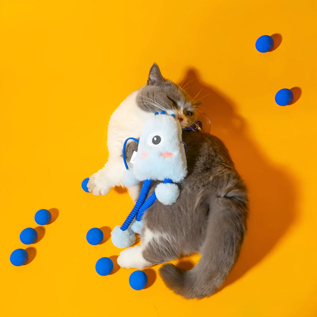 Blue telescopic elastic plush cat toy with mint bell measuring 30x30cm