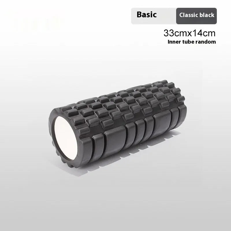EVA foam roller for fitness in black, grey, pink, sky blue, or light purple, showing size options.