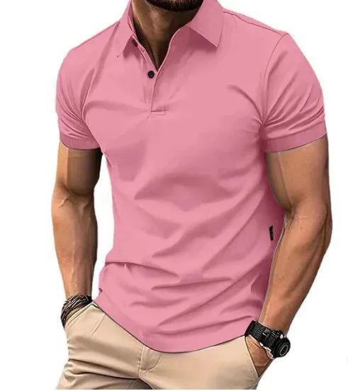 Men's slim-fit cotton-blend short-sleeve button-up shirt in solid colours on a size chart background.