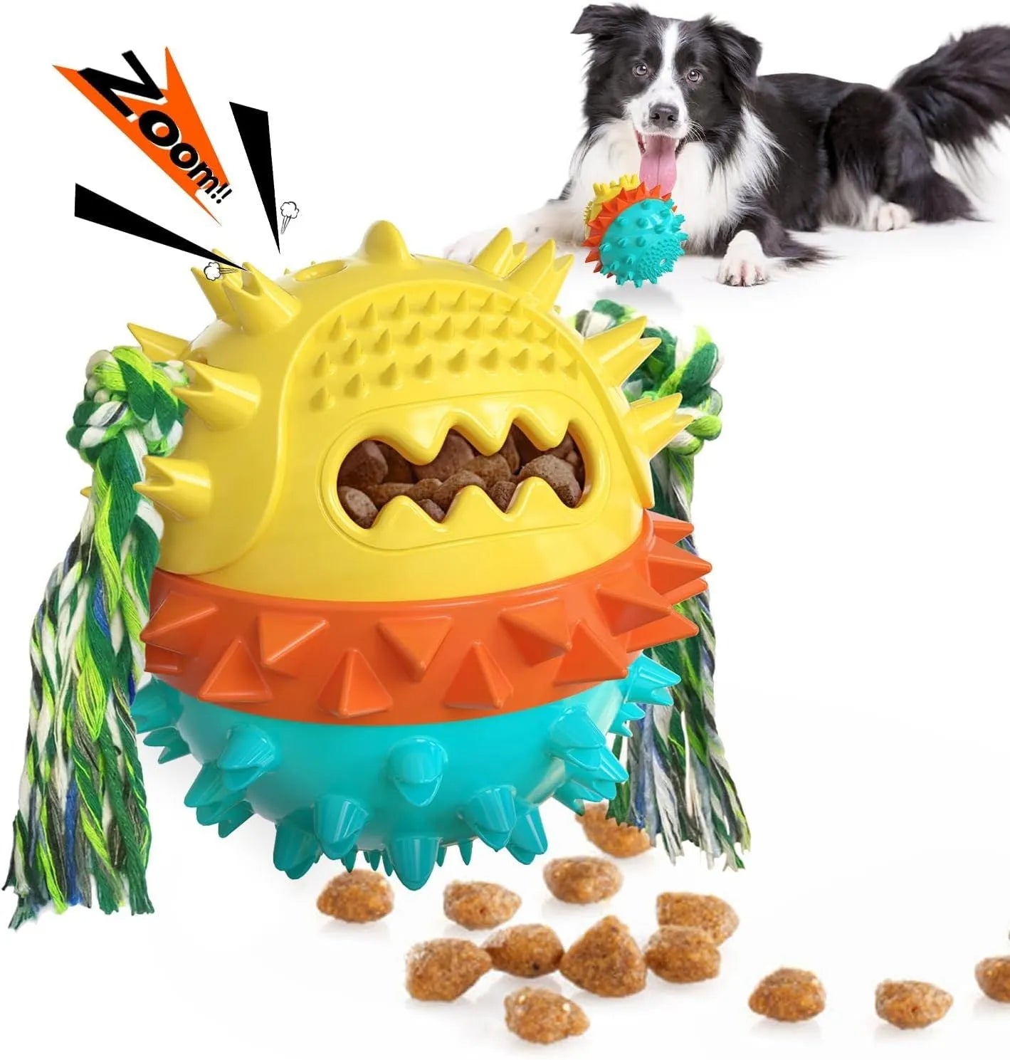 Blue and red bouncy ball dog chew toy with rope and treat hole for aggressive chewers