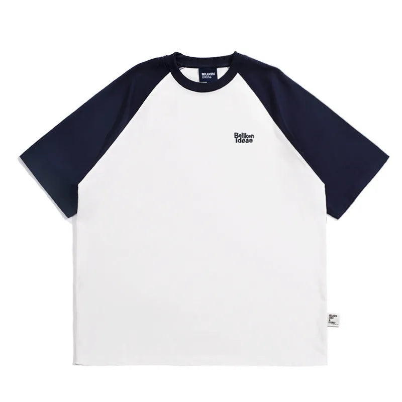 Men's blue casual raglan sleeve T-shirt with loose fit and thin fabric for layering