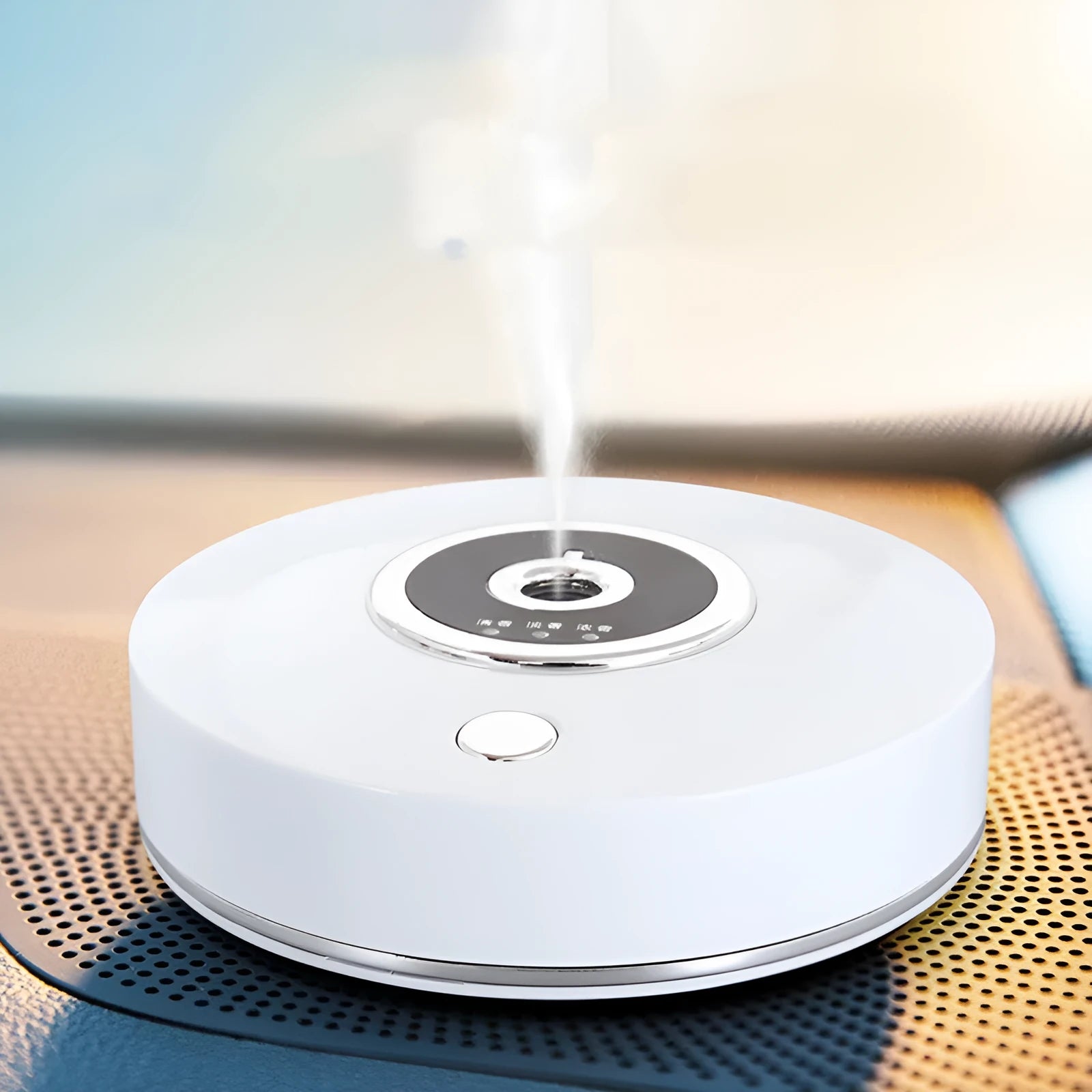 USB-powered car air freshener with anti-slip pad in white, grey, or black plastic housing