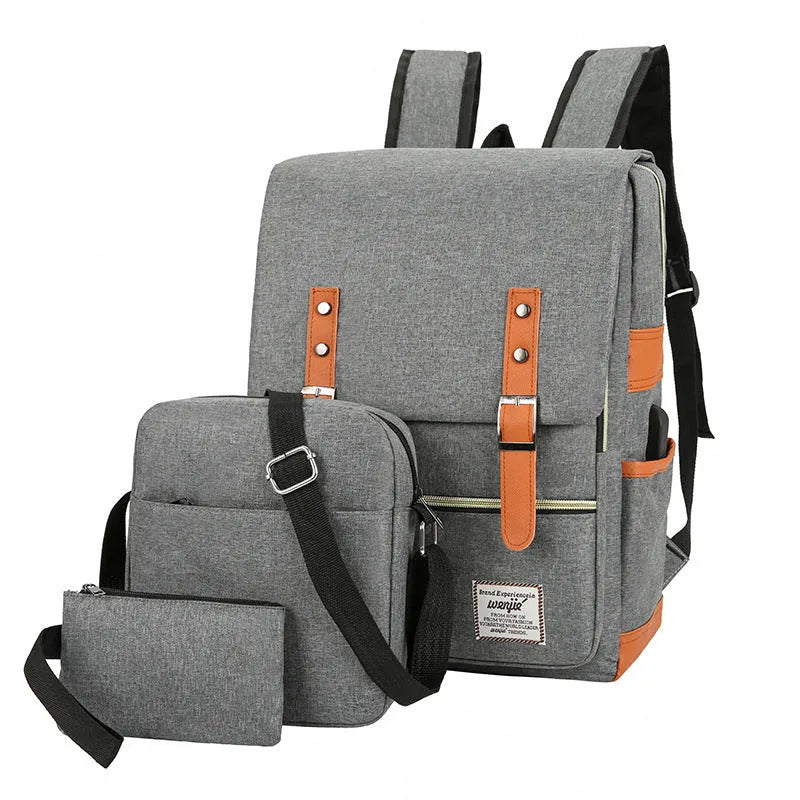 Three-piece business backpack in wine red with curved shoulder straps and multiple compartments