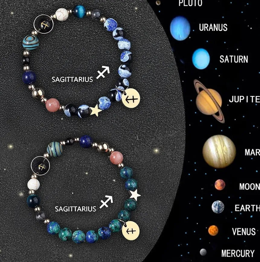 Two natural stone beaded bracelets displaying zodiac symbols on a textured background.