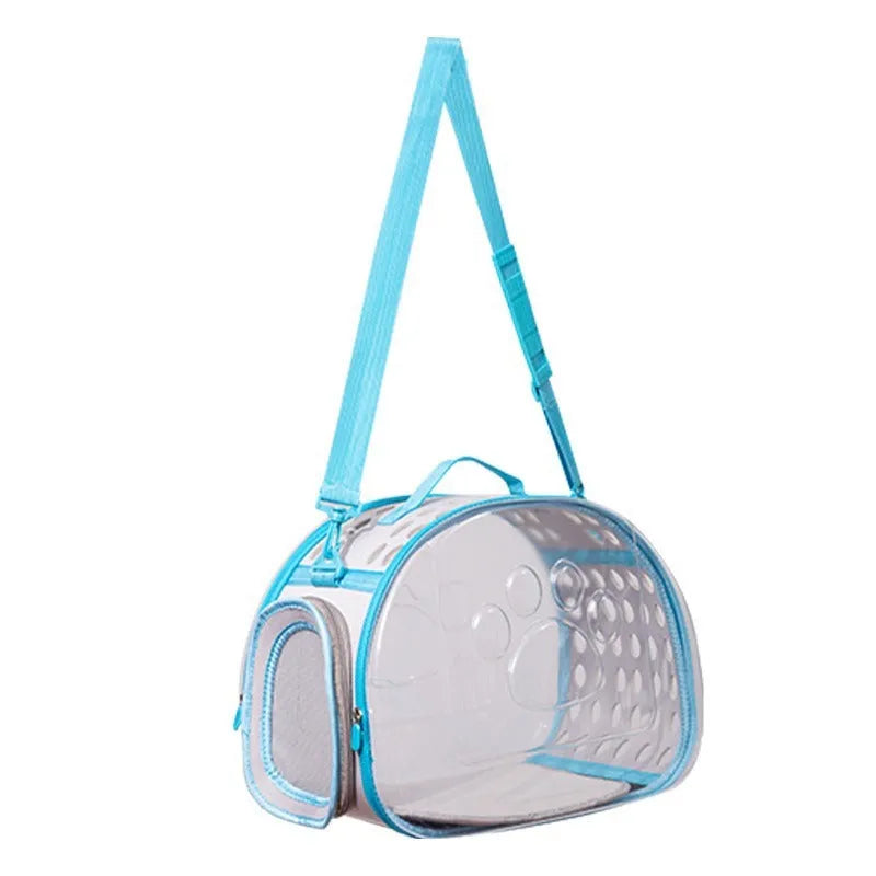 Transparent hard-sided cat carrier backpack in lake blue colour showing interior space and backpack straps