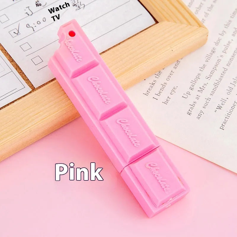 Chocolate ballpoint pen with cartoon food design in pink, beige, and brown colours