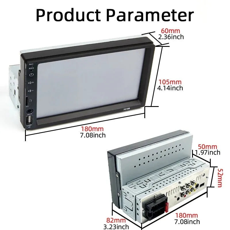 7-inch vehicle MP5 player with LED screen showing Carplay interface, wired and wireless smartphone connection option
