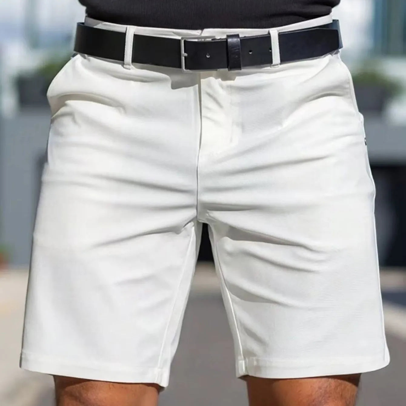 Men's solid colour straight-leg polyester shorts, fifth pants length with micro-elastic fabric