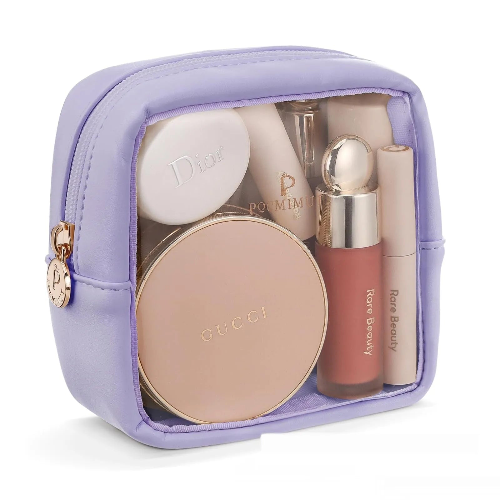 Transparent PVC leather cosmetic bag showing interior organisation and dry wet separation compartments.