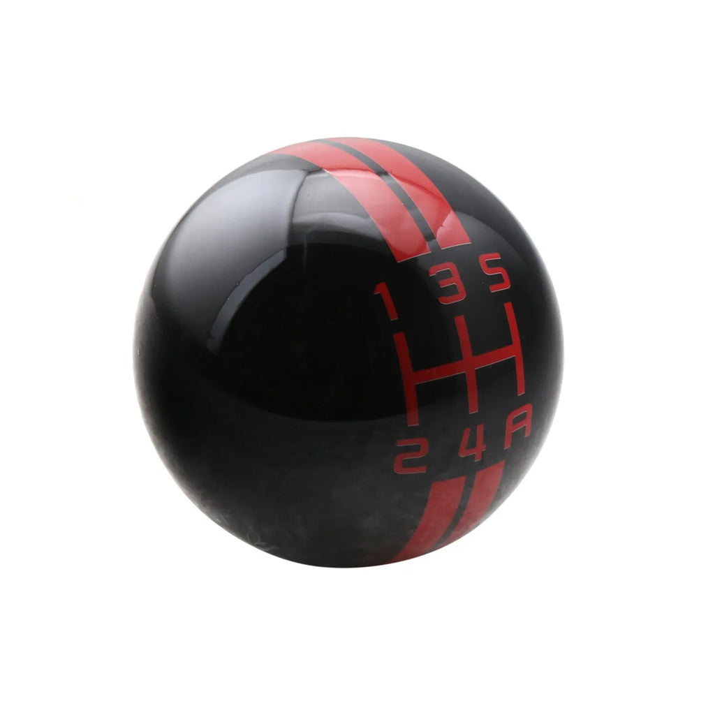 Black acrylic car gear head with five-speed wild horse graphic, shown with three screw accessories for installation.