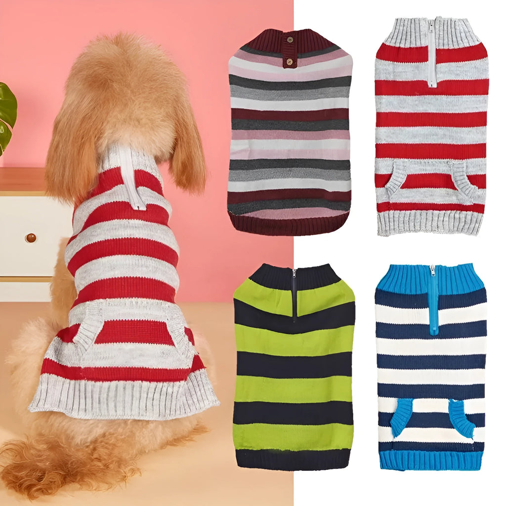Grey dog sweater with horizontal zipper and contrast colour button pocket on small dog