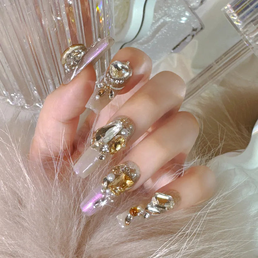 Rhinestone-decorated false nail patches set with phototherapy sealing in S number sizing
