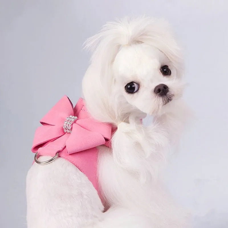 Dog chest strap with bowknot detail in microfiber available in pink, blue, and orange colours