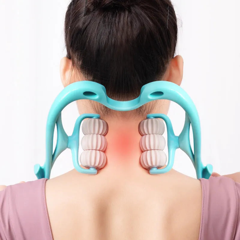 Blue plastic six-wheel neck and shoulder massager with adjustable rollers