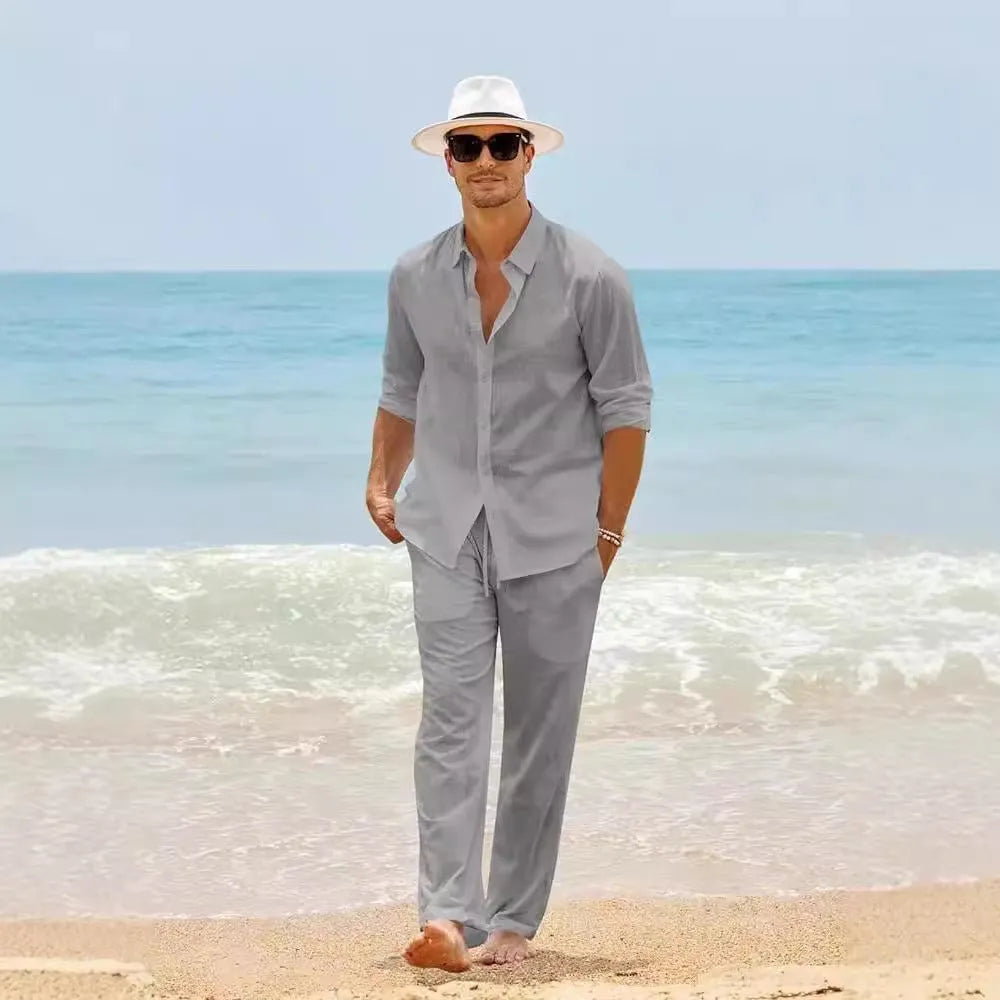 Men's cotton long sleeve casual set top and trousers in multiple colours including black white gray khaki sky blue