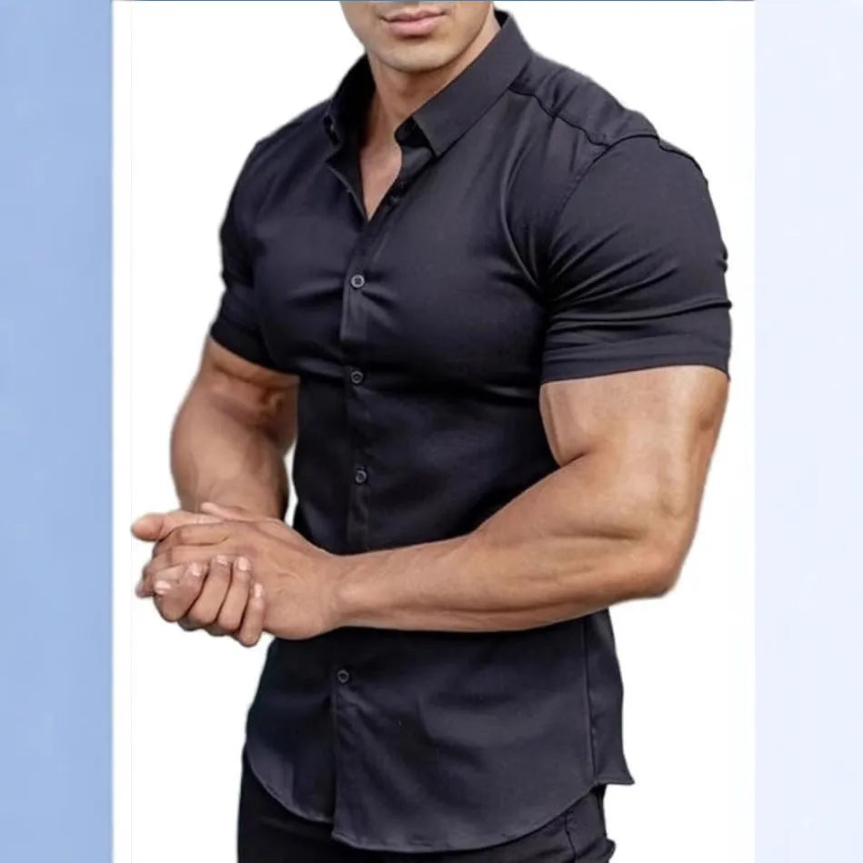 Men's short sleeve printed casual shirt in polyester, shown in multiple colour options.