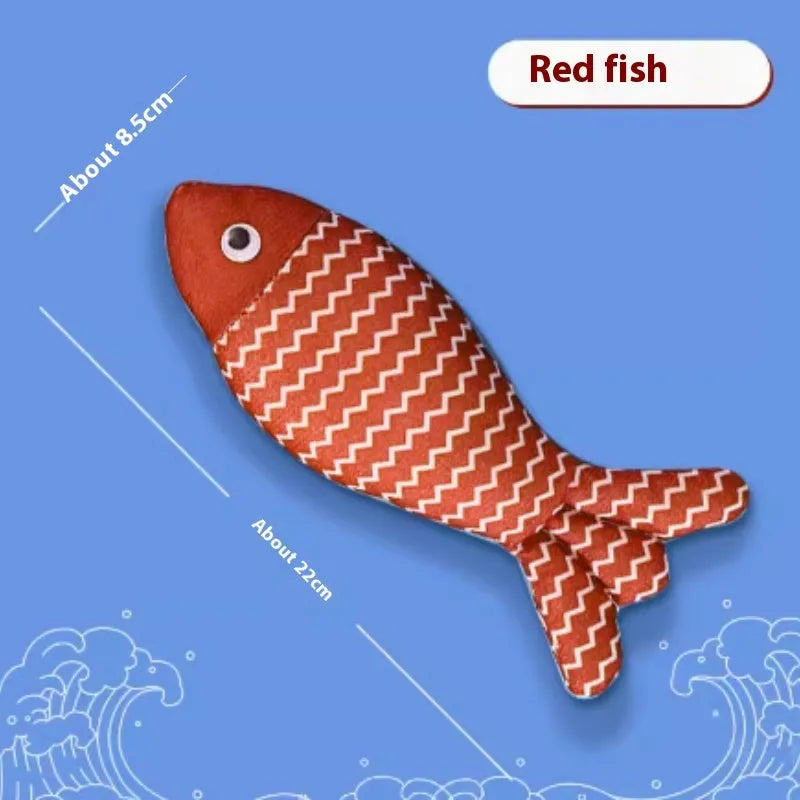Catnip-filled fabric fish cat toy in blue, red, and yellow colour options