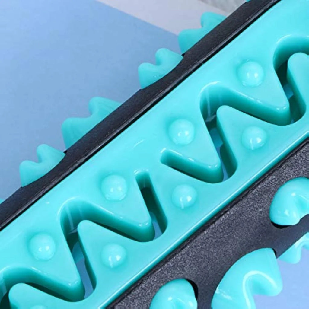 Natural rubber dog dental chew toy with textured cleaning surfaces, 15cm long, in blue colour