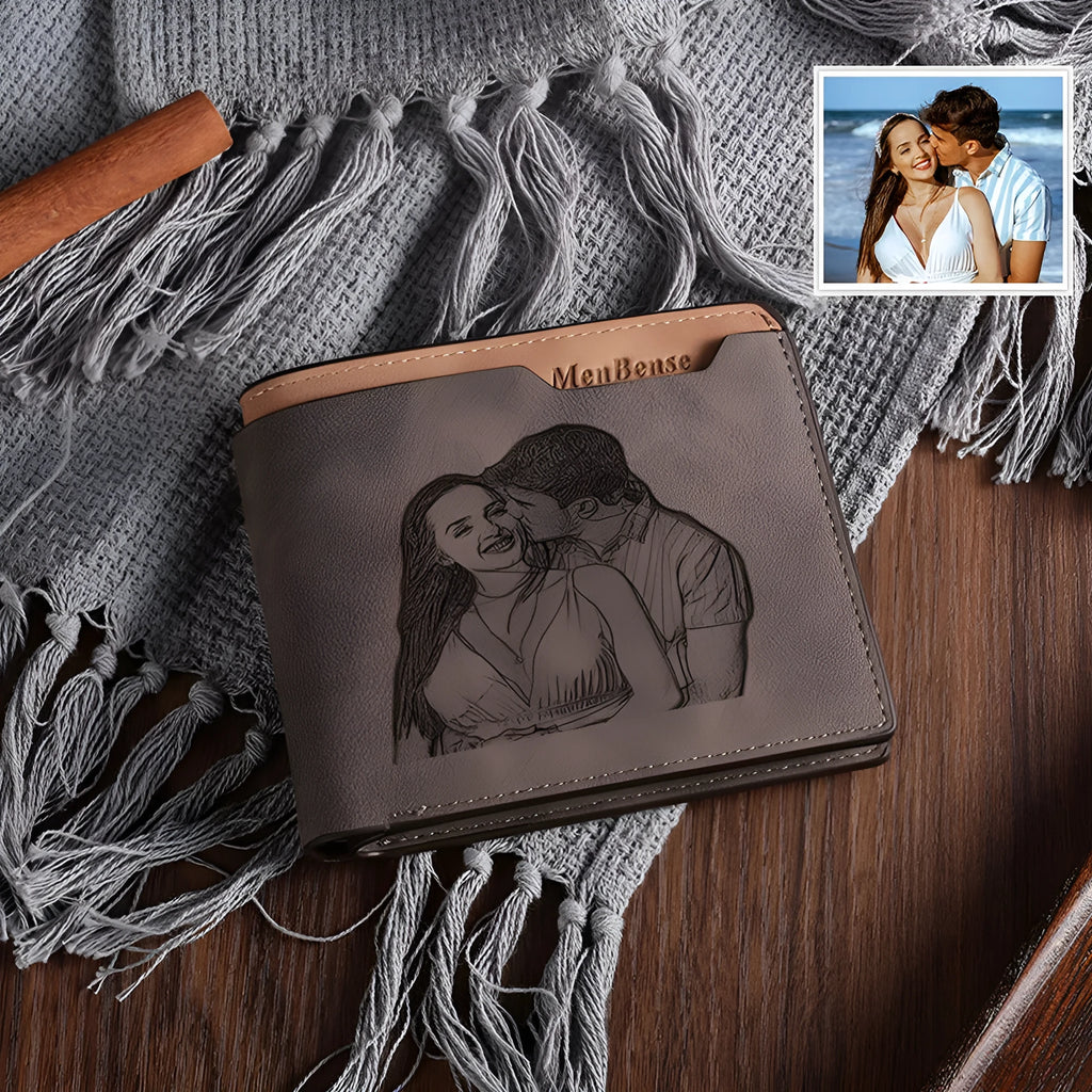 Coffee brown personalised photo engraved horizontal short wallet showing custom design