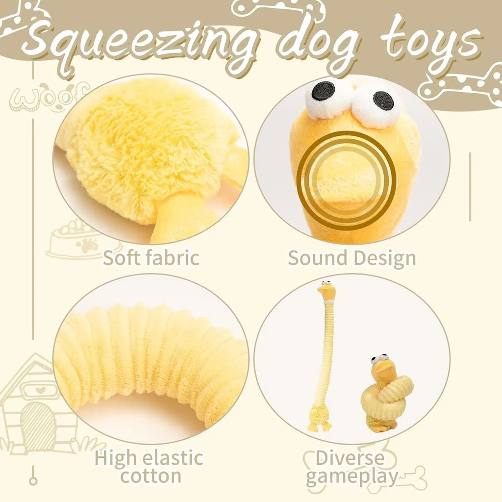 Brown grey yellow squeaky crinkle plush dog toy with stuffing for small medium large dogs