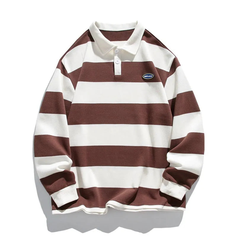 Pearl cotton polo shirt with lapel sweater styling and striped pattern in loose fit long sleeve design