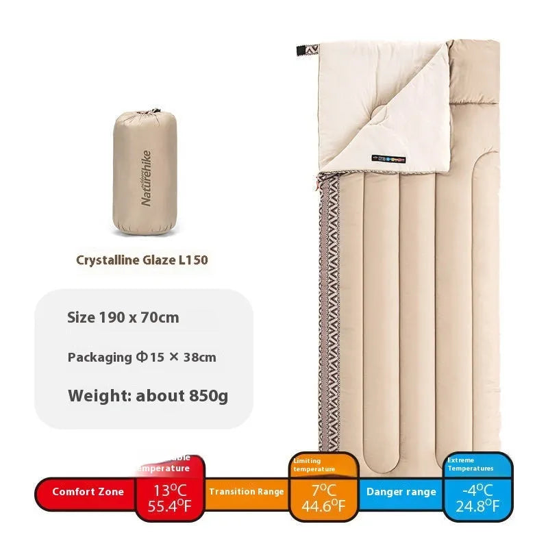 Four seasons portable camping sleeping bag for adults in Jiangnan Spring colour with storage bag.