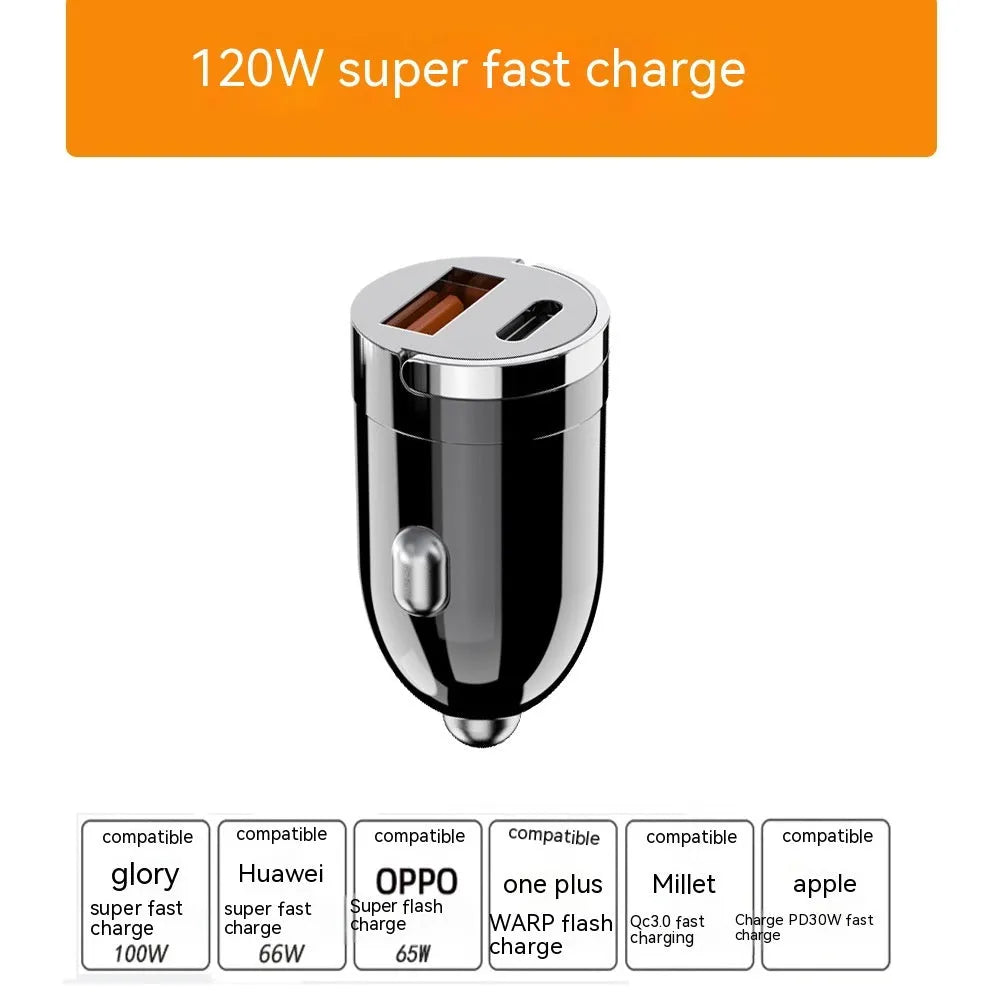 Black 200W super fast car charger with zinc alloy housing and USB output interface.