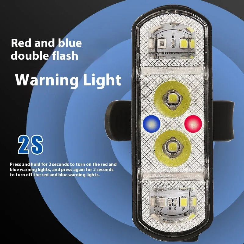 Black bicycle headlight with LED, showing mounting bracket and rechargeable battery.