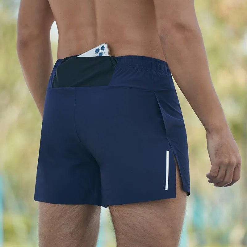 Men's red off-road running shorts with high-waist loose fit for trail running