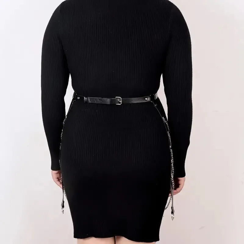 Black PU leather adjustable waist chain with decorative pendant, showing buckle closure detail